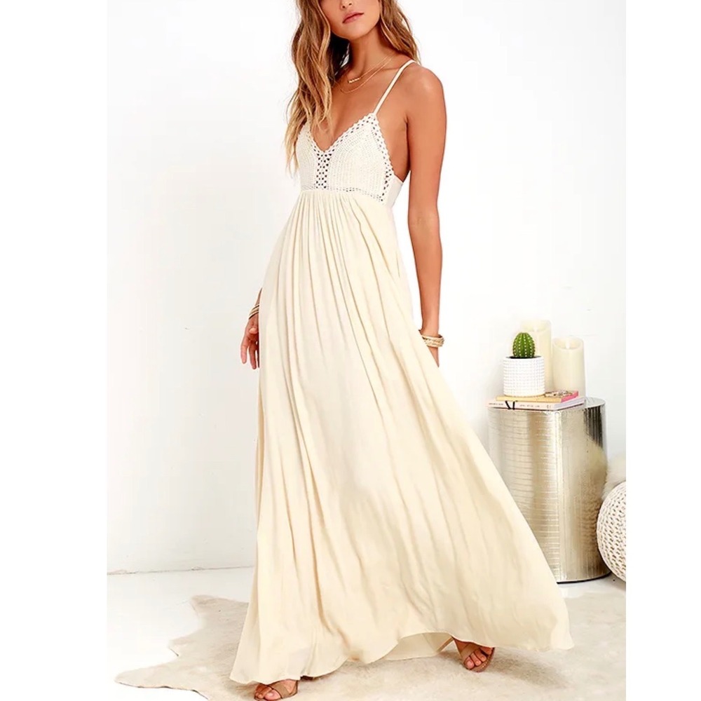 Lulus Hippie Hippie Chic Cream Crochet Maxi Dress XS DJ18246W Boho Open Back